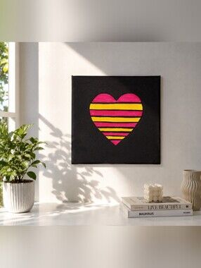 Handpainted Striped Heart Original Acrylic Painting On Canvas Wall Decor